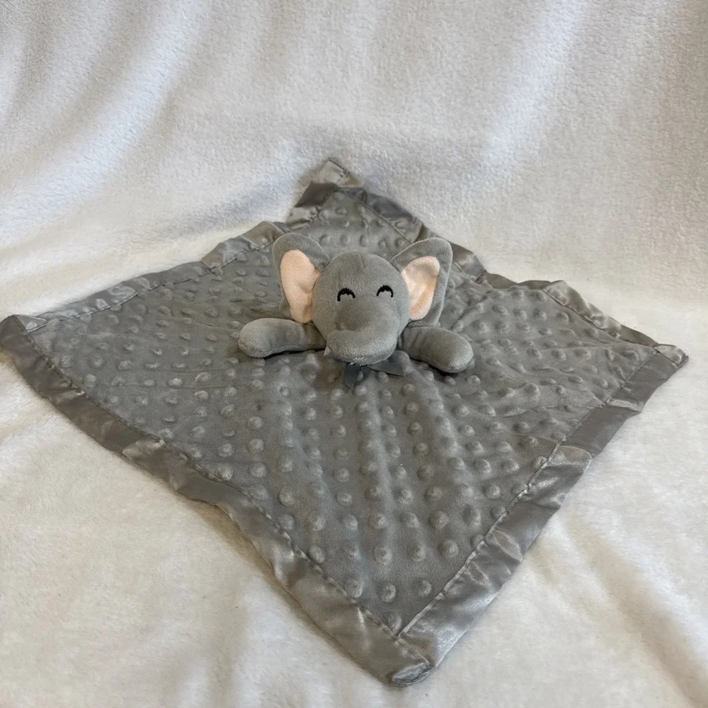 Pro Goleem Elephant Baby Lovey Security Blanket Gray Minky Dot Satin Trim